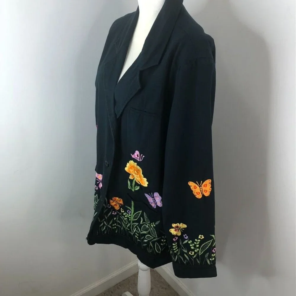 Quacker Factory Womens Black Jacket SZ 1X Embroidered Floral Butterflies *FLAWS* - Picture 11 of 16